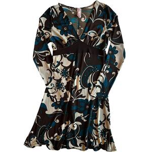 Purple Rain Vtg 2000s Y2K‎ Brown Cream Blue Floral Paisley Flowy Dress Tie Back